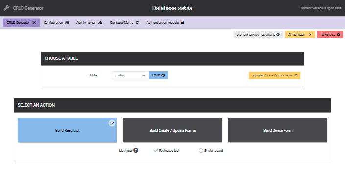 PHP CRUD Generator Main screen